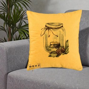 Perna Decorativa Felinar cu Lumanare si Conuri, 40x40 cm, Galben, Husa Detasabila, Perna Inclusa, BEKZ®