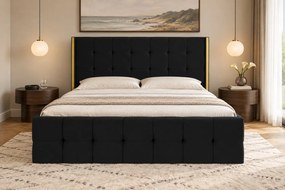 Pat tapițat din catifea Aven 140×200 cm, negru, cu ladă de depozitare