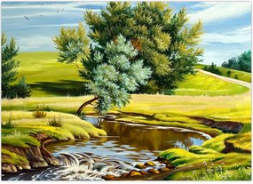 Tablou - Râu între câmpii, pictură în ulei (70x50 cm)