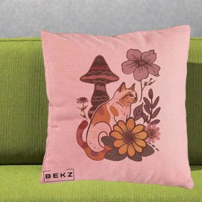 Perna Decorativa Pisica Vintage Florala Boho, 40x40 cm, Roz, Husa Detasabila, Perna Inclusa, BEKZ®