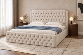 Pat tapițat din catifea Aveline 160×200 cm, crem, cu ladă de depozitare