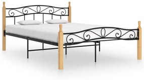 Cadru de pat, negru, 160x200 cm, metal si lemn masiv de stejar Maro deschis, 160 x 200 cm