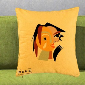 Perna Decorativa Portret Abstract Galben-Ocru, 40x40 cm, Galben, Husa Detasabila, Perna Inclusa, BEKZ®