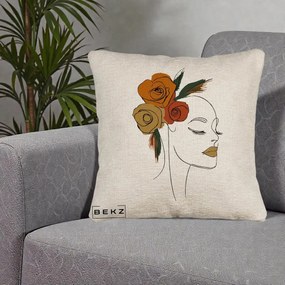 Perna Decorativa Portret Feminin Trandafiri Ruginii, 40x40 cm, Bej Canapea, Husa Detasabila, Perna Inclusa, BEKZ®