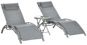Outsunny Set de 2 Sezlonguri si Masa Pliabila cu Blat din Sticla, Sezlonguri Pliabile pe 4 Niveluri si Perna pentru Tetiera, Gri | AOSOM RO