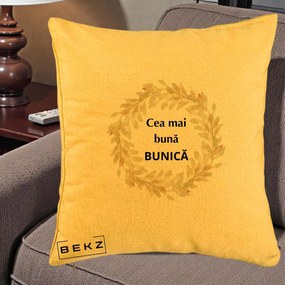 Cadou pentru Bunica - Perna Personalizata Cea Mai Buna Bunica Coronita Frunze Acuarela, 40x40 cm, Galben, Husa Detasabila, Perna Inclusa, BEKZ®