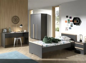 Această combinație LONDON în culoarea antracit constă dintr-un pat (90x200) cu noptieră, dulap cu 3 uși și birou.