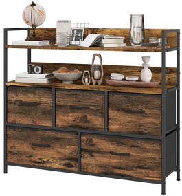 HOMCOM Comodă, mobilier de depozitare, 5 sertare din material textil pliabile și detașabile și rafturi, 98 x 29 x 85 cm, maro rustic | Aosom Romania