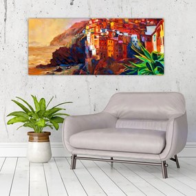 Tablou - Satul de coastă Cinque Terre, Riviera italiană, impresionismul modern (120x50 cm)