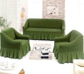 Set huse elastice si creponate pentru canapea 3 locuri si 2 fotolii, cu volanas, culoare Verde