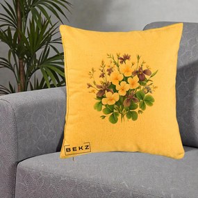 Perna Decorativa Viorele Iris Violet si Trifoi, 40x40 cm, Galben, Husa Detasabila, Perna Inclusa, BEKZ®