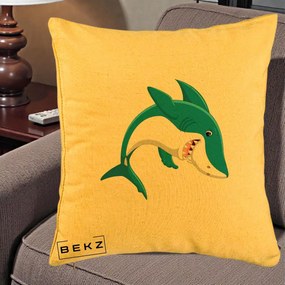 Perna Decorativa Rechin Albastru Cartoon, 40x40 cm, Galben, Husa Detasabila, Perna Inclusa, BEKZ®