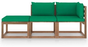 Set mobilier gradina paleti cu perne, 3 piese, lemn pin tratat Verde, colt + mijloc + suport pentru picioare, 1