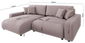 Colțar roz deschis extensibil cu tapițerie din catifea reiată (cu colț variabil) Sara – Ropez