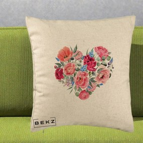 Perna Decorativa Inima din Bujori Acuarela, 40x40 cm, Bej, Husa Detasabila, Perna Inclusa, BEKZ®