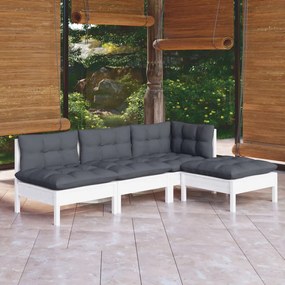 Set mobilier de gradina cu perne, 4 piese, alb, lemn de pin Alb, 4