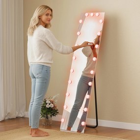 HOMCOM Oglindă pentru corp întreg 150x40 cm LED RGB, oglindă de podea cu 21 becuri, 7 culori, buton tactil, funcție memorie | Aosom Romania