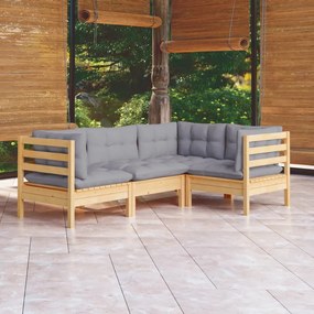 Set mobilier gradina cu perne gri, 4 piese, lemn masiv pin Maro  si gri, 4