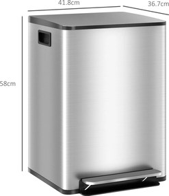 HOMCOM Coș de Gunoi cu 2 Secțiuni, cu Pedală și Capac cu Închidere Lentă, Coș de Deșeuri, 41.8x36.7x58 cm, Argintiu | Aosom Romania