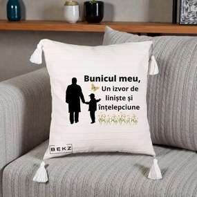 Cadou pentru Bunic - Perna Personalizata Bunicul Meu Izvor de Liniste cu Fluture si Baietel, 40x40 cm, Bej cu Franjuri, Husa Detasabila, Perna Inclusa, BEKZ®