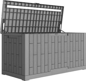Outsunny Cutie de grădină 379 L Impermeabilă Încuiabilă Rezistentă la UV Cutie pentru perne cu aspect de lemn pentru grădină 122,5x56x62cm Gri | Aosom Romania
