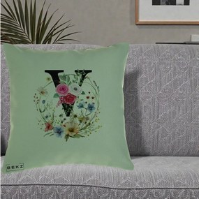Cadou Personalizat - Perna Personalizata Monograma Florala Litera V cu Coroana, 40x40 cm, Verde, Husa Detasabila, Perna Inclusa, BEKZ®