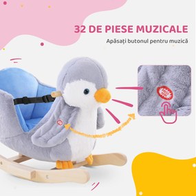 HOMCOM Balansoar Pinguin din Pluș cu Melodii și Centură de Siguranță, Balansoar pentru Copii, 60x33x50 cm, Gri | Aosom Romania