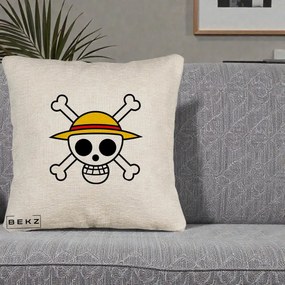 Perna Personalizata One Piece Jolly Roger Straw Hat Pirates, 40x40 cm, Bej Canapea, Husa Detasabila, Perna Inclusa, BEKZ®