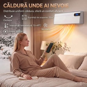 HOMCOM Aerotermă de perete ceramică 2000W cu telecomandă și WiFi, alb | Aosom Romania