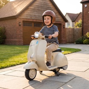 AIYAPLAY Motocicletă Electrică pentru Copii 3+ Ani, Licență VESPA, 6V, cu Roți Ajutătoare Detașabile, Max. 30 kg, Alb | Aosom Romania