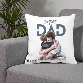 Cadou pentru Tata - Perna Personalizata Super Dad Tata si Fiu Imbratisare, 40x40 cm, Alba Mata, Husa Detasabila, Perna Inclusa, BEKZ®