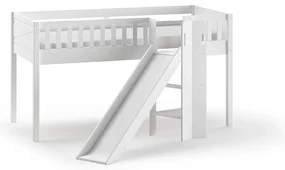 Pat ridicat pentru copii SCOTT, alb, 90 x 200 cm, din pin scandinav și MDF, cu scară frontală, tobogan, perdea de joacă și tunel ASTRO – Vipack