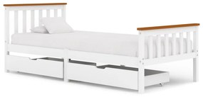 Cadru de pat cu 2 sertare, alb, 90 x 200 cm, lemn masiv pin Alb si maro, 90 x 200 cm, 2 Sertare