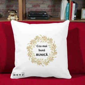 Cadou pentru Bunica - Perna Personalizata Cea Mai Buna Bunica Coronita Frunze Acuarela, 40x40 cm, Alba Mata, Husa Detasabila, Perna Inclusa, BEKZ®