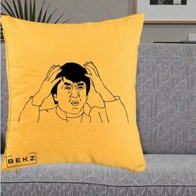 Perna Decorativa Jackie Chan WTF, 40x40 cm, Galben, Husa Detasabila, Perna Inclusa, BEKZ®