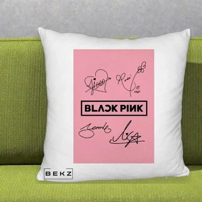 Perna Personalizata K-pop BLACKPINK Semnaturi Roz, 40x40 cm, Alb Pufos, Husa Detasabila, Perna Inclusa, BEKZ®