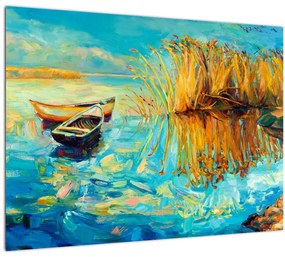 Tablou pe sticlă - Lacul cu bărci (70x50 cm)