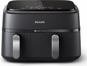 Friteuza dubla cu aer cald Philips NA351/00, 2750 W, 6+3 l, 80-200°C, 1,5 kg, 8 programe, Ecran tactil, Copiere si sincronizare, Negru/Argintiu