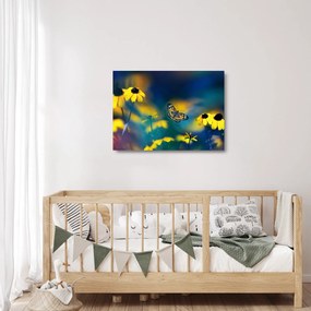 Tablou pe sticlă - Fluture galben și flori (70x50 cm)