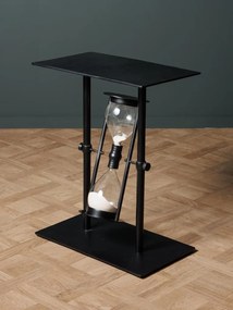Măsuță laterală îngustă din metal, negru, cu clepsidră din sticlă pe pivot, 60 x 50 x 30 cm, „Time traveler”