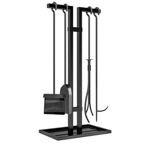 Outsunny Set servitor pentru șemineu 5 piese, unelte pentru șemineu, din metal, mătură, lopată, clește, tisonier și suport, negru | Aosom Romania