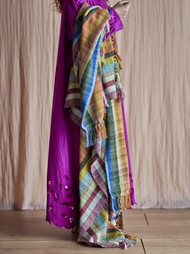 Pătură din bumbac reciclat, multicolor, cu model în carouri și franjuri multicolore, 160x130 cm, „Elmy"