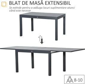 Masa de Gradina Extensibila Outsunny pentru 8-10 Persoane cu Structura din Aluminiu, 135-270x90x75cm, Gri | Aosom Romania