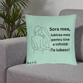 Cadou pentru Sora - Perna Personalizata Sora Mea Te Iubesc Imbratisare din Spate Line Art, 40x40 cm, Verde Menta, Husa Detasabila, Perna Inclusa, BEKZ®