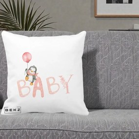 Perna Personalizata Baby Pinguin Roz, 40x40 cm, Alba Mata, Husa Detasabila, Perna Inclusa, BEKZ®