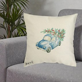 Perna Decorativa Masinuta Albastra cu Brad de Craciun, 40x40 cm, Ecru, Husa Detasabila, Perna Inclusa, BEKZ®