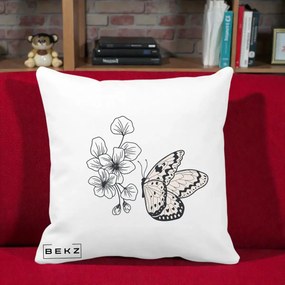 Perna Decorativa Fluture si Flori Linie Monocroma, 40x40 cm, Alba Mata, Husa Detasabila, Perna Inclusa, BEKZ®