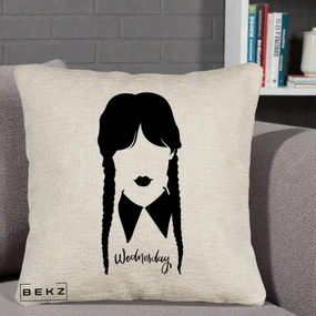 Perna Personalizata Wednesday Addams Silueta Alb-Negru, 40x40 cm, Bej Canapea, Husa Detasabila, Perna Inclusa, BEKZ®
