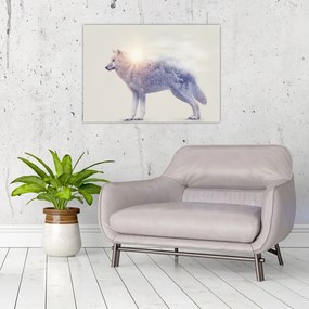 Tablou pe sticlă - Lupul arctic oglindit în peisaj sălbatic (70x50 cm)