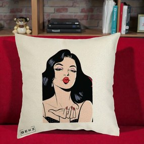 Perna Decorativa Femeie Pop-Art Kiss, 40x40 cm, Ecru, Husa Detasabila, Perna Inclusa, BEKZ®